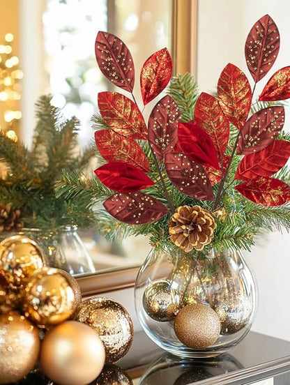 Hollyone 23.6” Christmas Tree Picks and Sprays 3Pcs Red Artificial Magnolia Stems Magnolia Leaves Branches Fake Red Leaf Floral for Vase DIY Xmas Tree Garland Wreath Centerpieces Wedding Decor