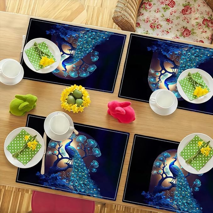 Blue Peacock Placemats Set of 6, Peacock Tree Place Mats Washable Double-Sided Table Mats for Kitchen Dining Room Home Party Indoor Decor 6 PCS 12x18 Inch