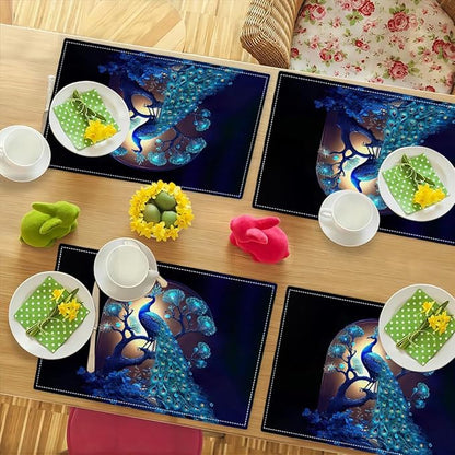 Blue Peacock Placemats Set of 6, Peacock Tree Place Mats Washable Double-Sided Table Mats for Kitchen Dining Room Home Party Indoor Decor 6 PCS 12x18 Inch