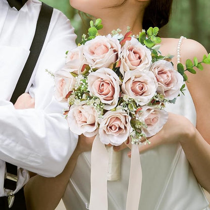 Pink Champagne Roses 10 in, Fake Flowers Wedding Bouquets for Bride, Wedding Silk Artificial Flowers 10pcs for Wedding Party, Ceremony, Anniversary & Home Decor (Come with 3 Styles of 4.5 ft Ribbons)