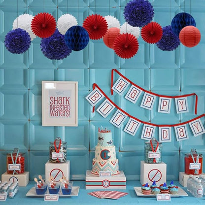 Navy Blue Red White Party Decorations 16pcs Paper Pom Poms Honeycomb Balls Lanterns Tissue Fans for 4th of July Day Patriotic Shake Theme Birthday Graduation Nurse Party