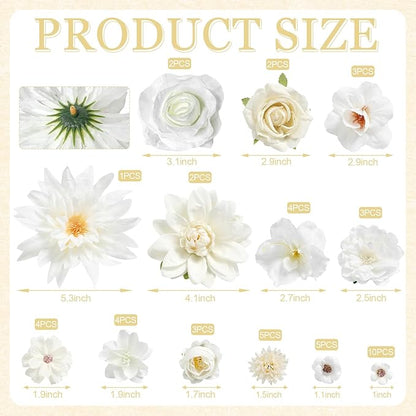 YYHUAWU Fake Flower Heads Mini White Artificial Flower Faux Dahlia Rose Flowers Multicolor Silk Daisy Flower Heads for Craft Garland Wedding Bridal Baby Shower Home Party Decoration DIY Cake Decor