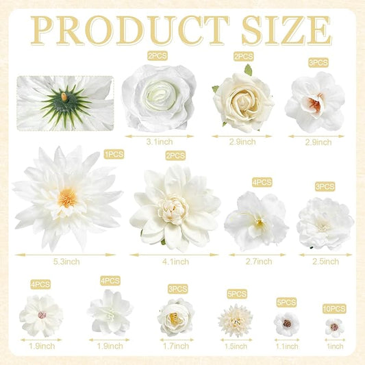 YYHUAWU Fake Flower Heads Mini White Artificial Flower Faux Dahlia Rose Flowers Multicolor Silk Daisy Flower Heads for Craft Garland Wedding Bridal Baby Shower Home Party Decoration DIY Cake Decor
