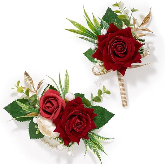 Serwalin Red Rose Corsage and Boutonniere Set, Boutonniere for Men and Wrist Corsage Wristlet Prom Homecoming Wedding Flowers Accessories Party Suit Decorations (red)