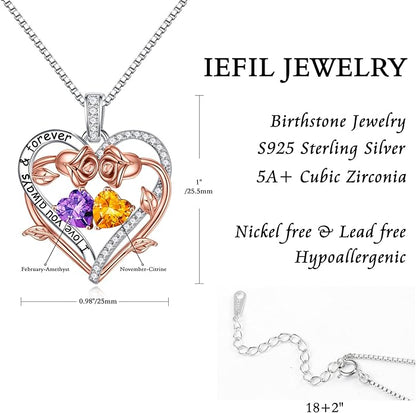 Iefil Rose Heart Double Birthstone Necklace Gifts for Wife Her Mom Women, Birthstone Jewelry Gemstone Birthday Gifts for Girlfriend Grandma Her Wife Women
