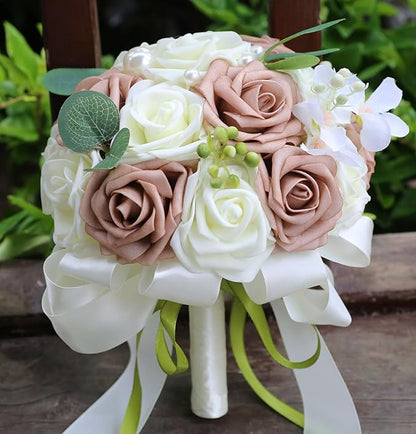 Lightweight Bridal Wedding Bouquet Round Holding Bouquet Throw Toss Artificial Rose Flower Bunch for Bride Bridesmaid Wedding Quinceanera (Cream & Rosy Brown, 6.7")