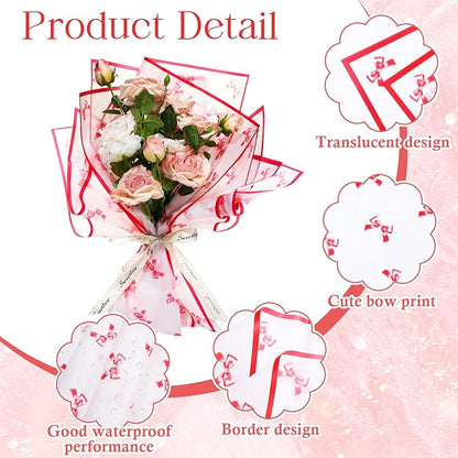 Liobelon 20 Sheets Flower Wrapping Paper Waterproof Bouquet Paper with Bow Pattern Gift Wrapping Paper for Flower Shop, Wedding, Birthday Party, Handmade DIY, Anniversary 22.8 x 22.8 Inch (Bow - red)