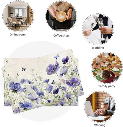 Farmhouse Flowers Placemats Set of 4 Butterfly Lavender Floral Plants Flower Leaves Placemats Rustic Floral Waterproof Washable Table Placemats for Dining Kitchen Decoration 4 PCS