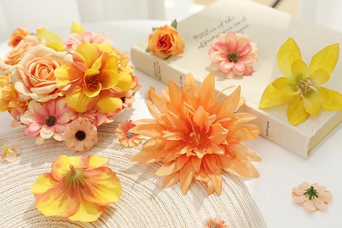 Fake Flower Heads Bulk - Orange Silk Daisy & Rose Fall Artificial Flower for Crafts, DIY, Graduation Cap, Wedding, Party, Cake Topper, Home Garland Decor