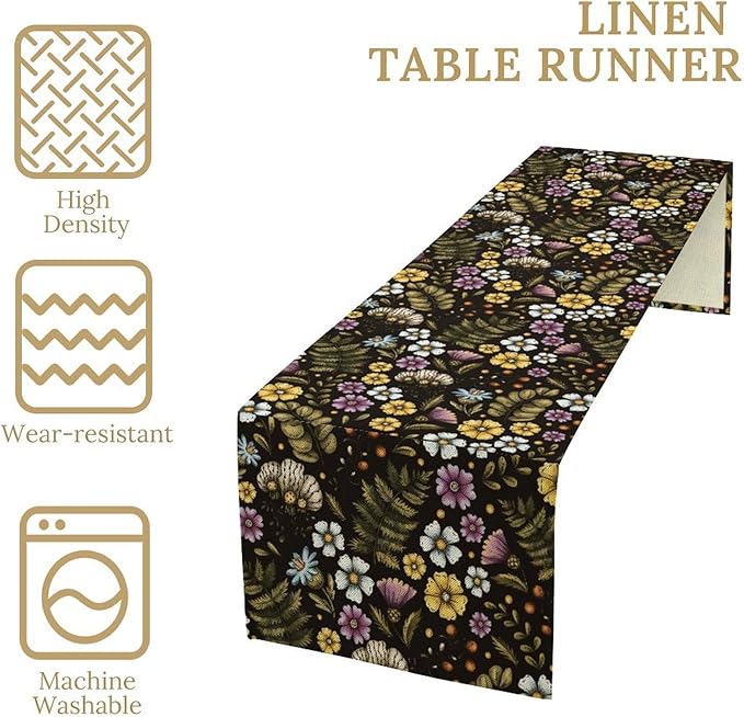 Vintage Flower Table Runner, Rustic Farmhouse Colourful Botanical Flowers Fern Print Kitchen Dining Table Decor Seasonal Home Decoration Indoor Outdoor Party, 13x60inch
