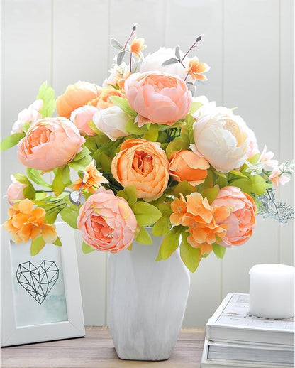 FiveSeasonStuff Harvest Keepsake Artificial Peony Bouquet – Set of 2 Faux Silk Flower Bundles with Autumn Ivory, Orange & Greenery Accents for Fall Centerpieces, Weddings & Home Decor – 1.6 ft Stems