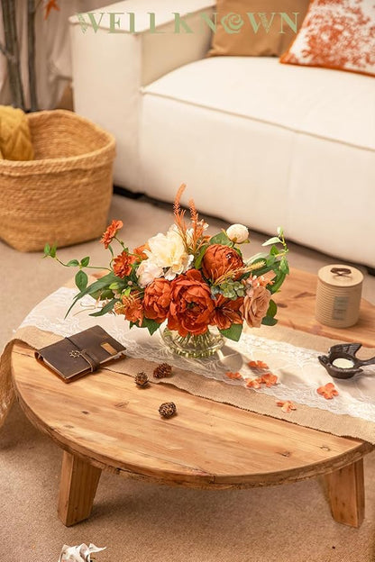 Artificial Flowers in Vase, WELL KNOWN Silk Rose Peony Flower Bouquet Table Centerpieces with Faux Water for Fall Home, Fake Flower Arrangement for Seasonal Party Decor (Burnt Orange & Champagne Plus)