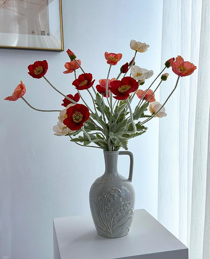 Set of 6 Red Coral Pink and Champagne Mixed Poppy Flowers Artificial, Silk Flowers with Stems for Vase for Wedding Party Home Office Indoor Kitchen Dining Table Centerpiece Decoration