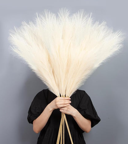 9 Pcs 45" Tall Pampas Grass Beige Decor, Long Stem Artificial Flower Floor Vase Large Faux Floral Pompas Fake Plants Dried Bouquet Arrangement Vase Filler for Boho Home Wedding Decoration