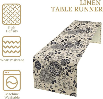 Boho Floral Table Runner, Vintage Rose Peonies Hydrangea Flower Botanical Aesthetic Gothic Beige Black Garden Table Runner for Indoor Outdoor Home Party Holiday Decor, 13x36inch