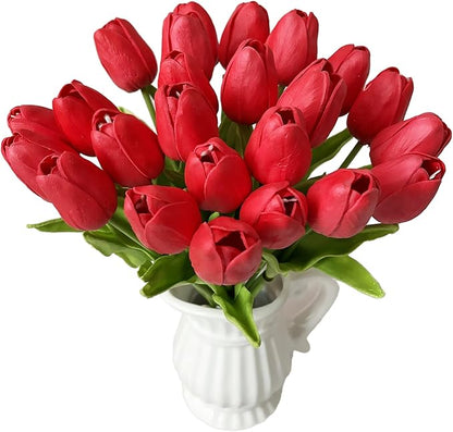 UKELER 24 Pcs Fragrant Red Flowers 13.5" Tall Artificial Tulip Flowers for Home Kitchen Wedding Decorations Tulip Wreath Arrangement