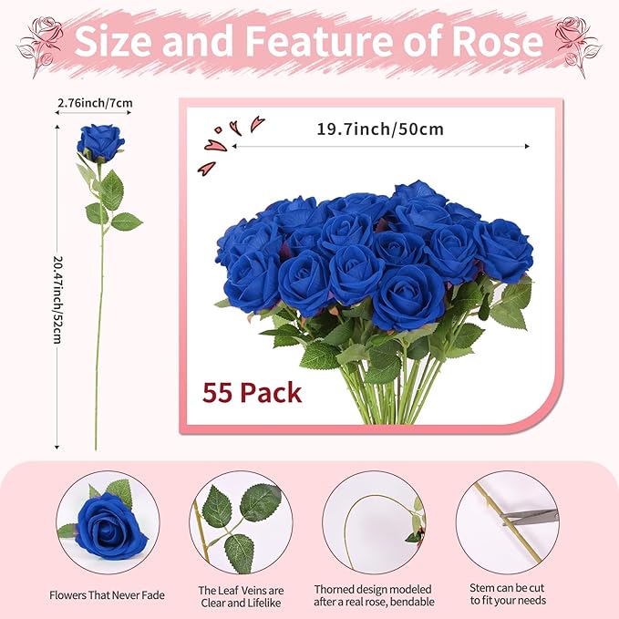 52 PCS Royal Blue Roses, Faux Blue Rose Bouquet, Silk Rose with Stems for Wedding Flowers Decoration, Valentines Day Mothers Day, Wedding Decoration