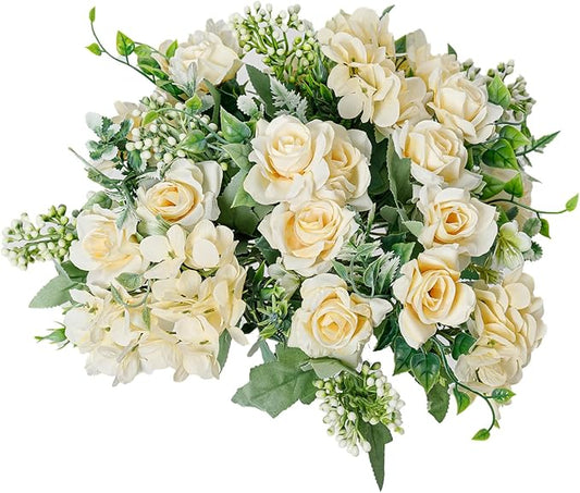 Artificial Flower 5 Branches Artificial Silk Fake Flowers Bouquet Small Roses for Wedding Home Office Tables Decor 4 Packs(Champagne)