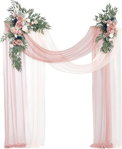Ling's moment Pink Blue Artificial Wedding Arch Flowers Kit Pack of 4, 2pcs Hanging Flower Arrangement 2pcs Chiffon Drapes Ceremony Reception Fake Rose Arbor Backdrop Floral Party Outdoor Decorations