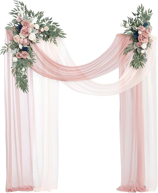Ling's moment Pink Blue Artificial Wedding Arch Flowers Kit Pack of 4, 2pcs Hanging Flower Arrangement 2pcs Chiffon Drapes Ceremony Reception Fake Rose Arbor Backdrop Floral Party Outdoor Decorations