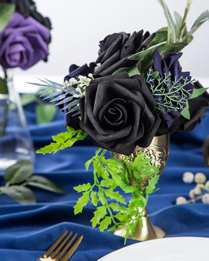DuHouse 25Pcs Artificial Roses Flowers Fake Roses with Stems Real Touch Foam Flowers for DIY Wedding Bouquet Baby Shower Centerpiece Halloween Floral Arrangement Party Home Decor(Black)