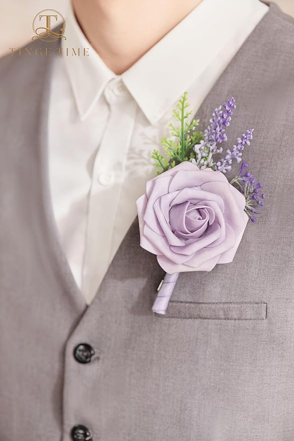 TINGE TIME Boutonniere for Men Wedding - 10pcs Purple Groom & Groomsmen Boutonnieres Set for Wedding Ceremony, Anniversary, Prom, Formal Dinner, Rustic Spring Wedding(Lavender & Plum)