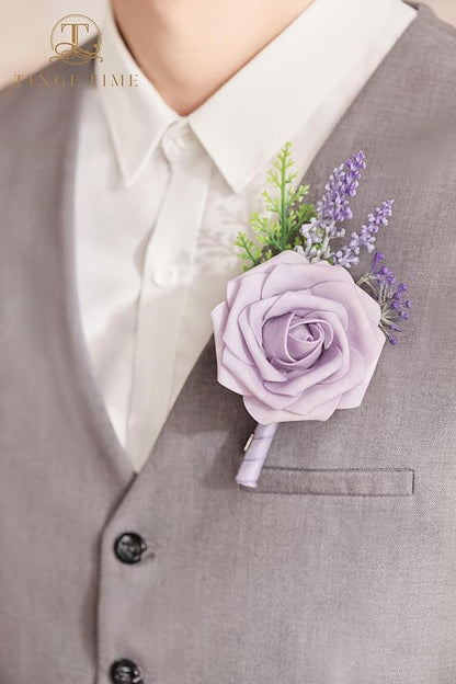 TINGE TIME Boutonniere for Men Wedding - 10pcs Purple Groom & Groomsmen Boutonnieres Set for Wedding Ceremony, Anniversary, Prom, Formal Dinner, Rustic Spring Wedding(Lavender & Plum)