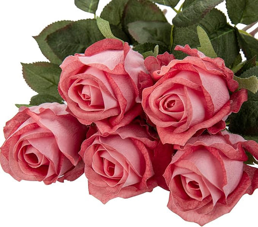 Artificial Realistic Roses Pale Red Flowers 24" Real Touch Silk Roses Bouquet Long Stems Rose for Flower Arrangement Fake Roses Decor for Home Party Wedding Table Centerpieces Roses Realistic - 5 Pcs