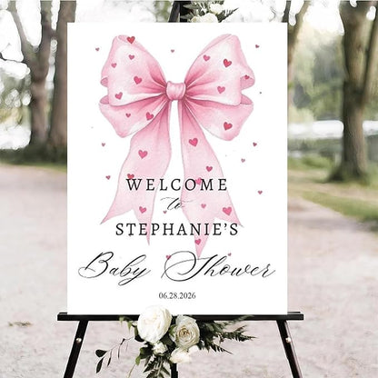 Personalized Pink Bow Baby Shower Welcome Sign, Custom Minimalist Bow Baby Girl Party Sign, Baby's Shower Gifts, Birthday Gifts, Gender Reveal Decorations, Newborn Announcement Party Supplies - 25