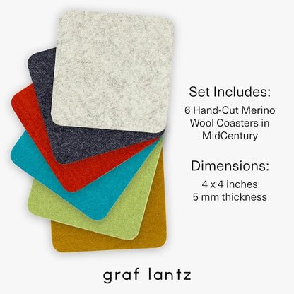 Graf Lantz - Bierfilzl Merino Wool Square Coasters Set of 6 - Midcentury (4"x4"x5mm) - Absorbs 30% Weight, Natural German Wool - Heat Resistant, Sustainable, Reusable - Home Decor & Coffee Table Decor