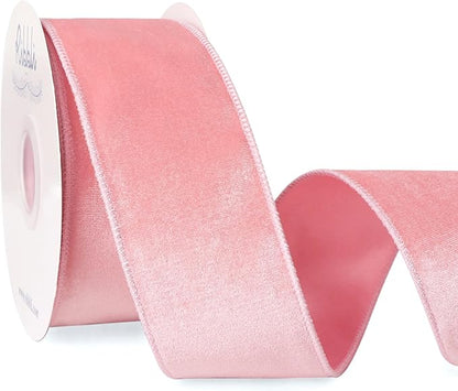 Ribbli Light Pink Velvet Wired Ribbon 2.5 Inch Velvet with Satin Christmas Ribbon for Gift Wrapping Christmas Tree Decoration Crafts Wreaths Supplies-Continuous 10 Yards