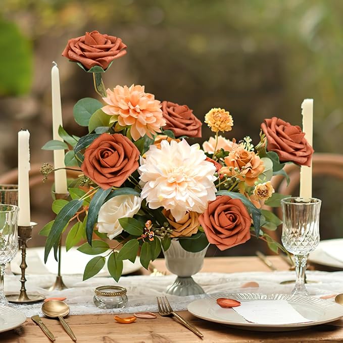 AmyHomie Artificial Flowers Burnt Orange Rose 25pcs Real Looking Fake Roses w/Stem for DIY Wedding Bouquets Centerpieces Arrangements Party Baby Shower Valentines Day Christmas Tree Decorations