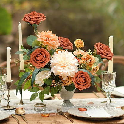 AmyHomie Artificial Flowers Burnt Orange Rose 25pcs Real Looking Fake Roses w/Stem for DIY Wedding Bouquets Centerpieces Arrangements Party Baby Shower Valentines Day Christmas Tree Decorations
