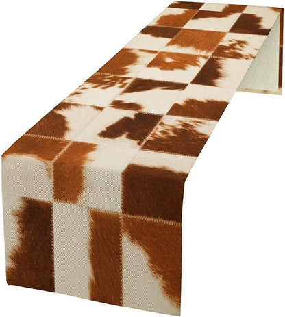 Cow Skin Print Table Runner, Rustic Country Farmhouse Animal Fur Skin Western Farm Brown Cowhide Print Dinner Runner Table Decoration for Party Holiday Home Kitchen Dining 13x108in
