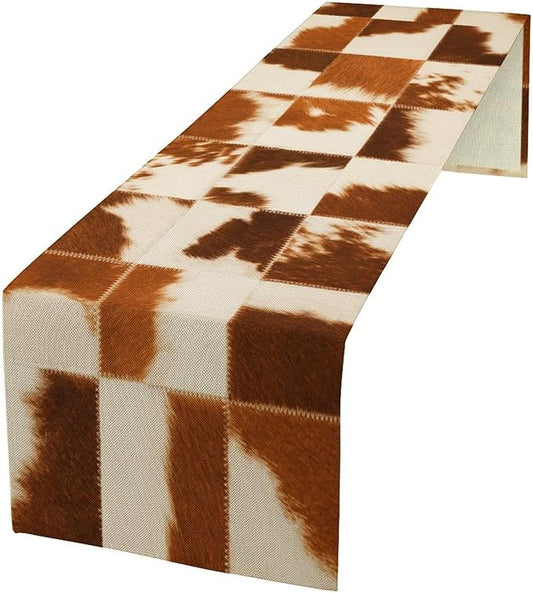 Cow Skin Print Table Runner, Rustic Country Farmhouse Animal Fur Skin Western Farm Brown Cowhide Print Dinner Runner Table Decoration for Party Holiday Home Kitchen Dining 13x108in