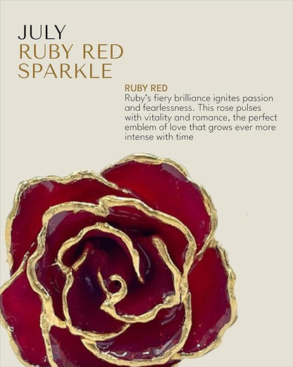Forever Rose Hand-Dipped in 24K Gold, Ruby Red-Inspired July Birthstone with Sparkles, Real Rose in Leather Case with LED Light – Perfect Ready to Gift for July Birthday or Any Occasion
