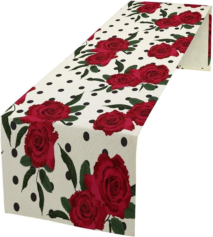 Red Rose Print Table Runner, Romantic Valentines Vintage Rose Spring Summer Dinner Runner Table Decoration for Home Kitchen Dining Holiday Wedding Party 13x120in