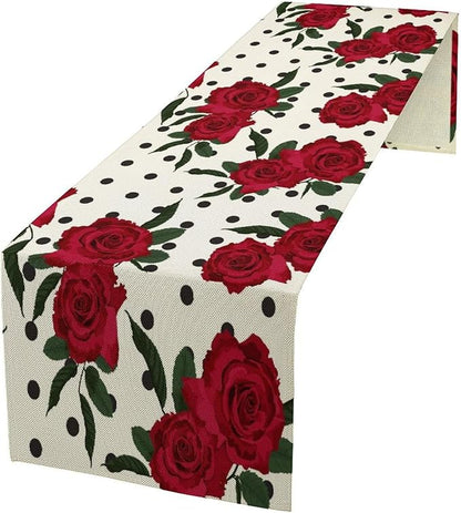 Red Rose Print Table Runner, Romantic Valentines Vintage Rose Spring Summer Dinner Runner Table Decoration for Home Kitchen Dining Holiday Wedding Party 13x120in