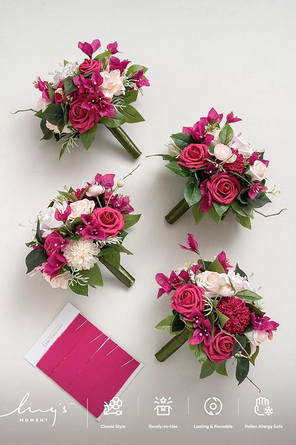 Ling's moment Blush Pink Bridesmaid Bouquet Set of 4, Pink Wedding Bouquets for Bridesmaids, 7 Inch Bridal Bouquets for Bridesmaids, Wedding, Ceremony, Anniversary, etc.