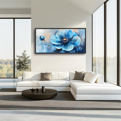 Extra Large Abstract Blue Flower Framed Wall Art for Living Room,Oversized Elegant Floral Pictures Wall Decor,Canvas Print Painting Modern Artwork Bedroom Office Bathroom 60L x 30W