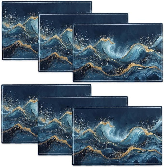 Abstract Blue Wave Placemats Set of 6, Sea Navy Double-Sided Table Mats for Kitchen Home Party Indoor Decor 6 PCS 12x18 Inch
