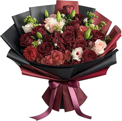 LeZakaa 20 Sheets Flower Wrapping Paper - Waterproof Reversible Floral Bouquet Paper - Black and Burgundy Design for Mother's Day, Parties, Birthdays, Weddings, Graduations, Valentine's Day