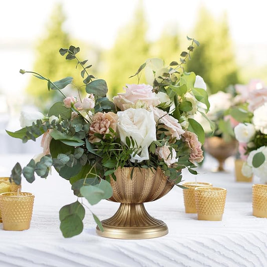Set of 4, 9'' Wide 6.5'' High Distressed Gold Compote Pedestal Vases, Antique Metal Large Gold Compote Bowl Vase for Centerpieces with Waterproof Liner