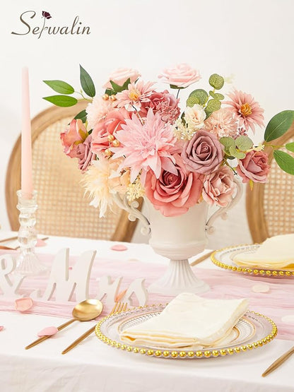 Serwalin Pink Artificial Flowers, Fake Silk Dahlia Flowers Wedding Cake Flowers for Wedding Bouquets Table Centerpieces Baby Shower Home Decor