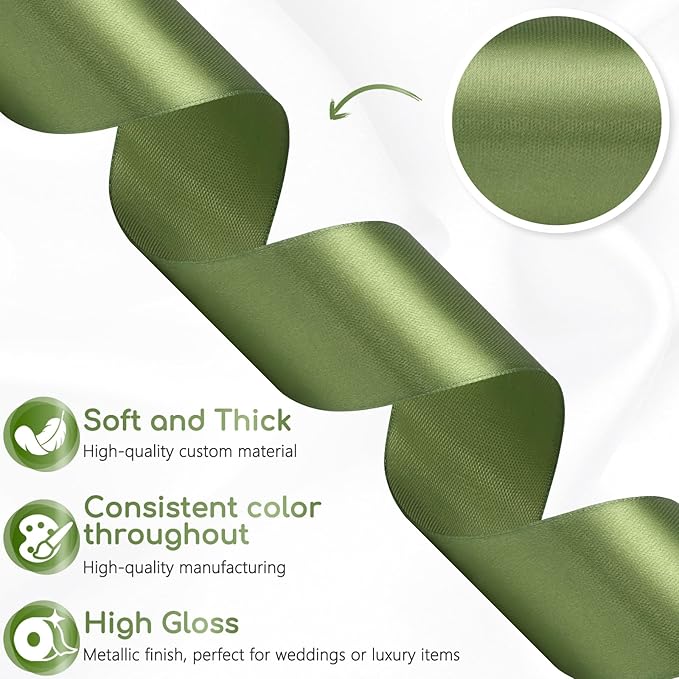 30 Yards Olive Green Solid Satin Ribbon 1-1/2 Inch Polyester Fabric Ribbon for Gift Wrapping Wedding Christmas Birthday Party Decoration Baby Shower Handmade Flower Craft
