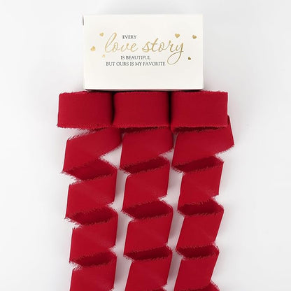 MEEDEE Red Chiffon Ribbon 1 Inch Frayed Ribbons Chiffon Silk Red Fringe Ribbons Thin Chiffon Ribbon for Crafts, Gift Wrapping, Wedding Invitation (3 Rolls 21 Yards)