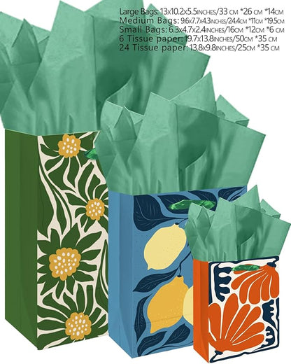 qiqee Clash Flowers Gift Bags with Tissue Paper Mulit Assorted Sizes 10PCS Present Party Favor Birthday Bags(2pcs Large 13", 4pcs Medium 9", 4pcs Small 6"，30pcs Tissue Paper)