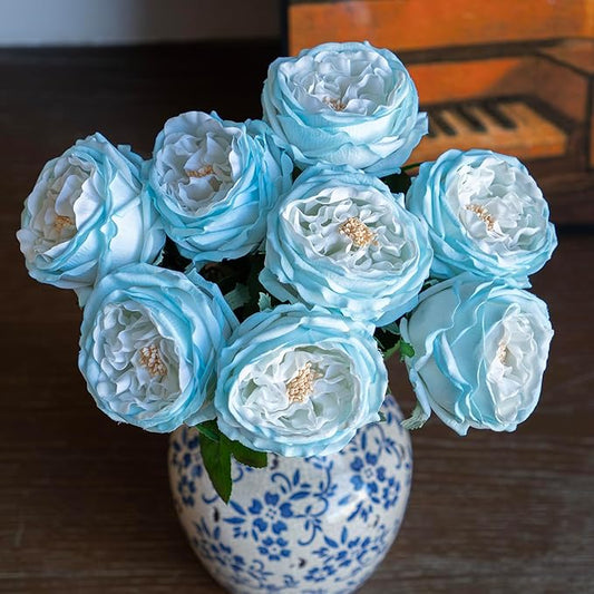 Fake Flowers for Decoration Home Decor Real Touch Artificial Flowers Austin Rose Peony Latex Fake Flower Living Room Decoration Vivid Pink Roses Peonies (Ice Blue 4pcs)