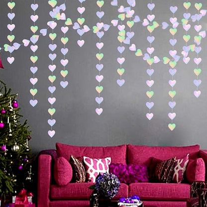 Iridescent Disco-Holographic Heart Garland - 52Ft Wedding Hanging Decoration Neon Streamers Banner, Perfect for Bridal Shower, Birthday, Baby Shower, Engagement, Valentines Day Decor