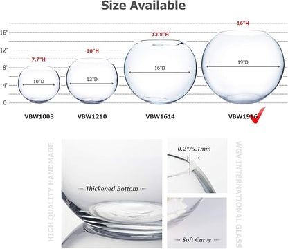 WGV Large Bowl Glass Vase, Diameter 19", Height 16", (Multiple Sizes Choices) Clear Huge Round Bubble Vase Jar, Floral Planter Terrarium for Wedding Event Home Decor, 1 Piece (VBW1916)